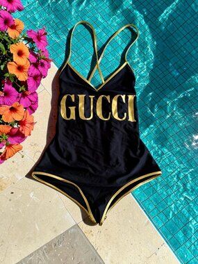 GUCCI Italy Black Gold Metallic One Piece Swimsuit Size Medium